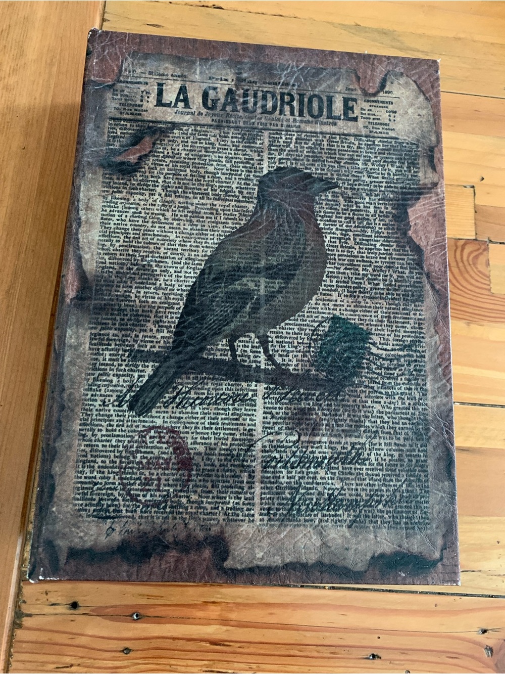 Source Unknown Bird Print on Newspaper Style Background Storage Box